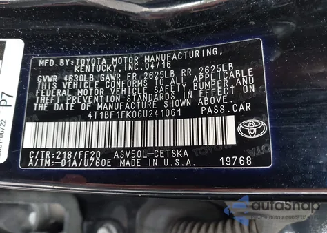 2016 Toyota Camry Se из США, поврежденный, VIN 4T1BF1FK0GU241061